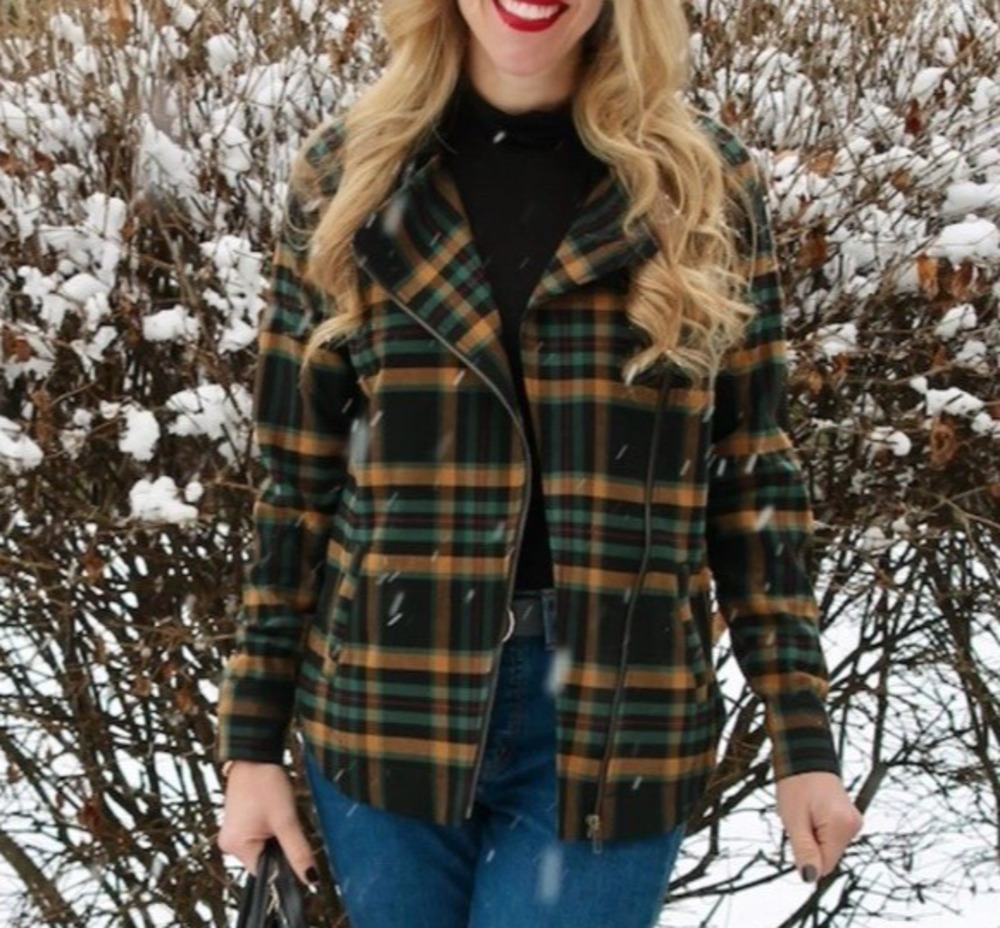 CAbi Moto Plaid Jacket Coat Green Plaid #4401 Stretch Pockets Zip Front Medium